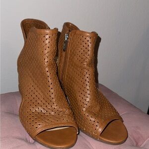 Perforated Tan Peep-Toe Ankle Boots